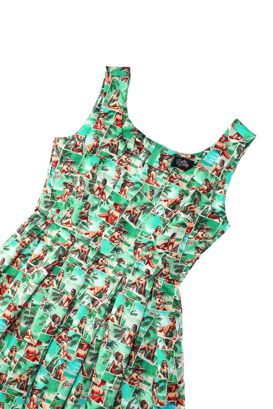 Close up view of Amanda Pin-Up Postcard Dress | Novelty Print Dress