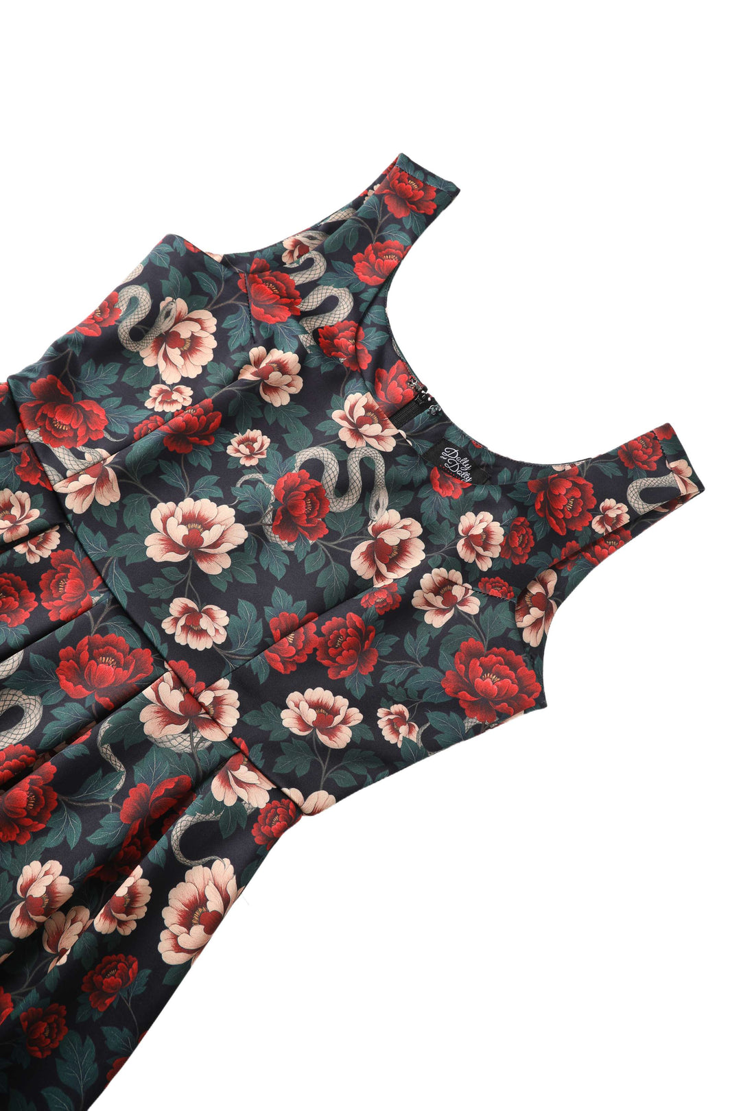 Close up view of Amanda Snakes & Rose Garden Dress | Vintage Floral Dress