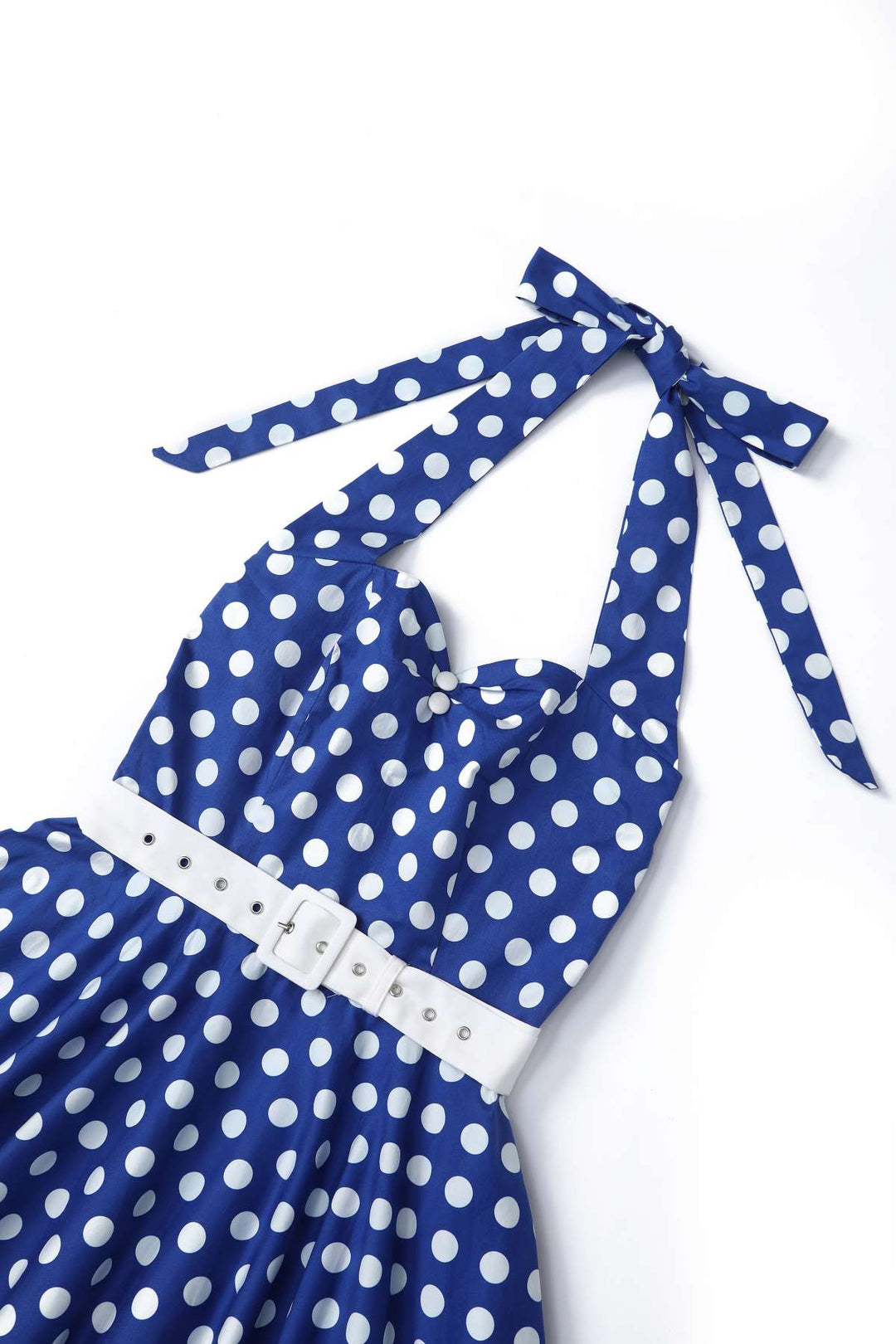 Close up view of Daisy Dark Blue & White Polka Dot Dress | 50s Style Dress