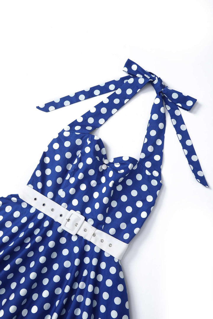 Close up view of Daisy Dark Blue & White Polka Dot Dress | 50s Style Dress