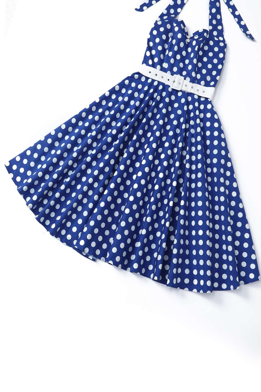 Close up view of Daisy Dark Blue & White Polka Dot Dress | 50s Style Dress