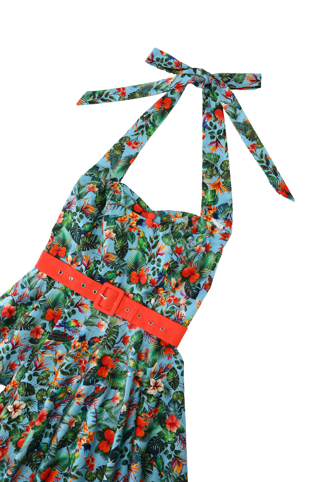 Close up view of Daisy Tropical Parrot Halterneck Dress