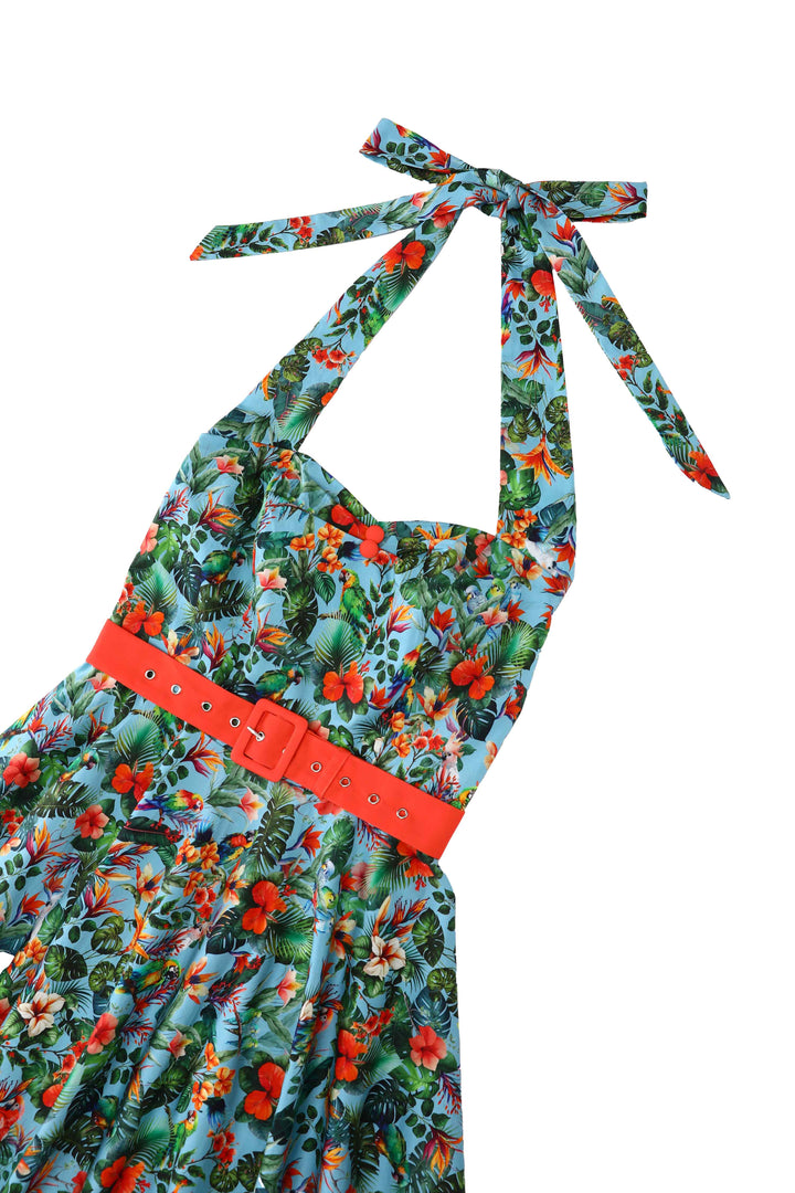 Close up view of Daisy Tropical Parrot Halterneck Dress