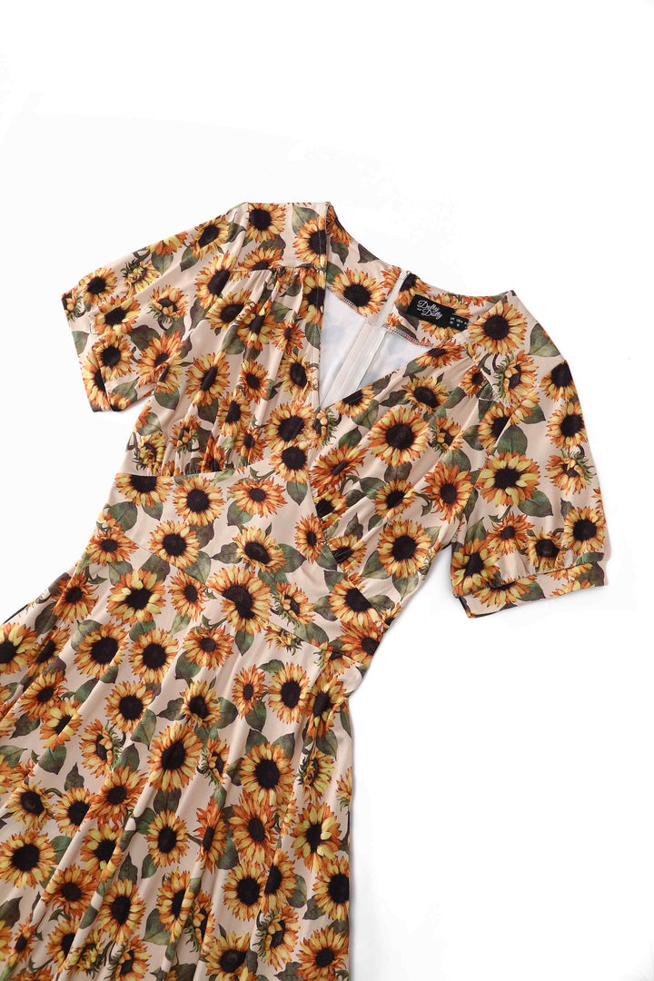 Close up view of Julia Vintage Yellow Sunflower Midi Dress