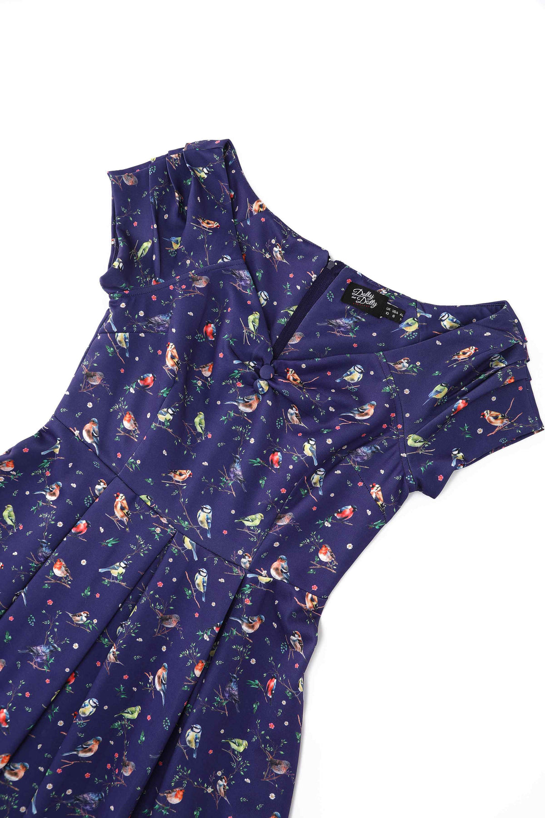 Close up view of Lily Bird Garden on Navy Blue Dress | Whimsical Vintage Dress