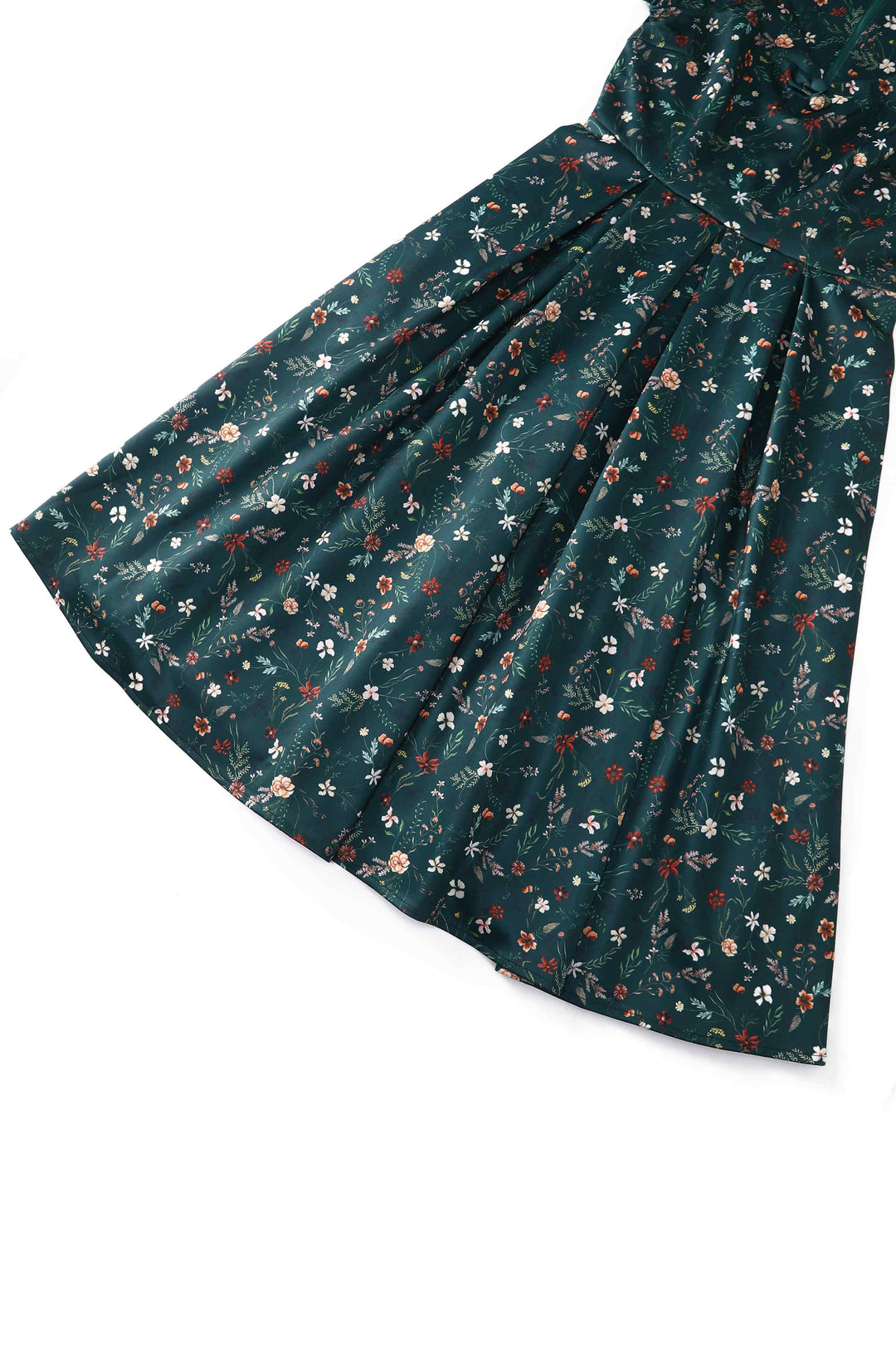 Close up view of Lily Ditsy Flowers on Emerald Green Dress | Vintage Floral Dress