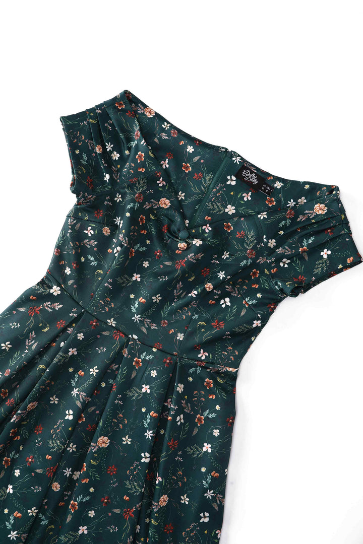 Close up view of Lily Ditsy Flowers on Emerald Green Dress | Vintage Floral Dress