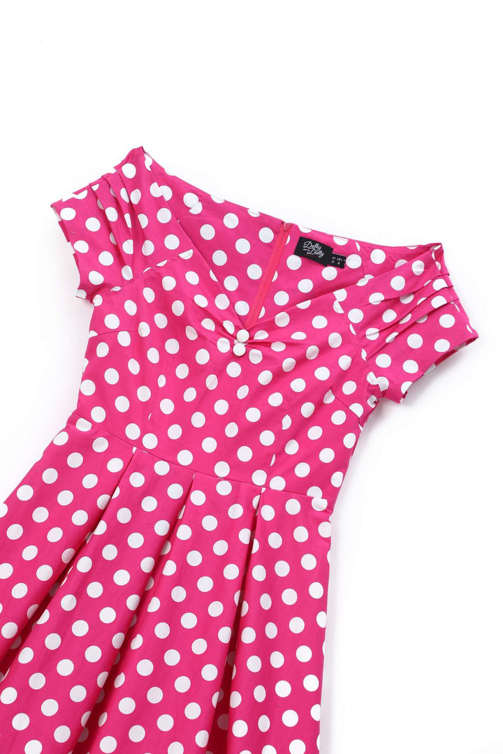 Close up view of Lily Hot Pink & White Polka Dot Dress | Polka Dot Dress