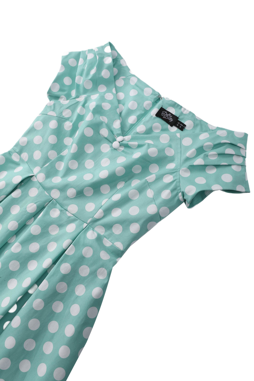 Close up view of Lily Sage Green & White Polka Dot Dress | 50s Style Dress