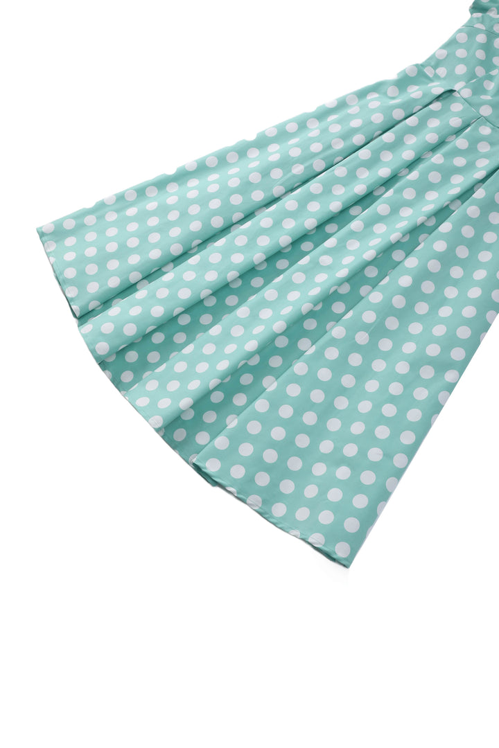 Close up view of Lily Sage Green & White Polka Dot Dress | 50s Style Dress