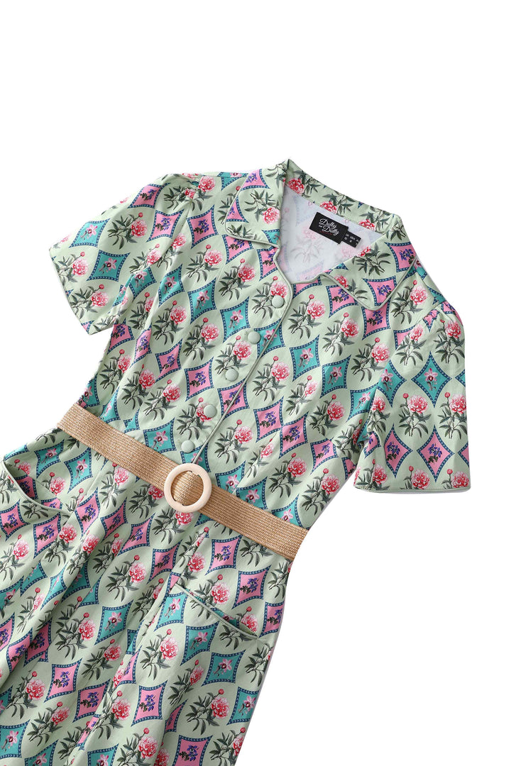 Close up view of Mabel Quatrefoil Floral in Pastels Dress | Vintage Floral Dress