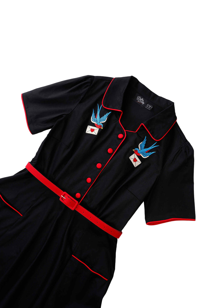 Close up view of Mabel Retro Swallow Bird Embroidery Shirt Dress In Black