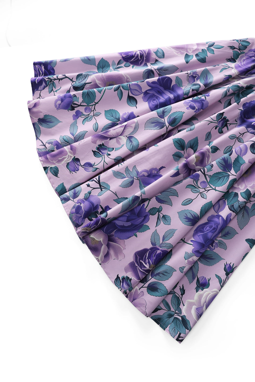 Close up view of Maisie Purple Roses on Lilac Skirt | Vintage Midi Skirt
