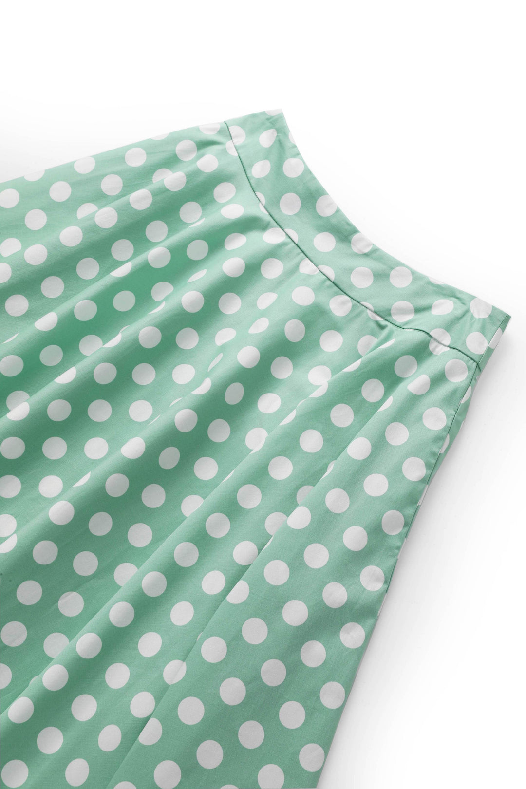 Close up view of Maisie Sage Green & White Polka Dot Skirt | Polka Dot Midi Skirt