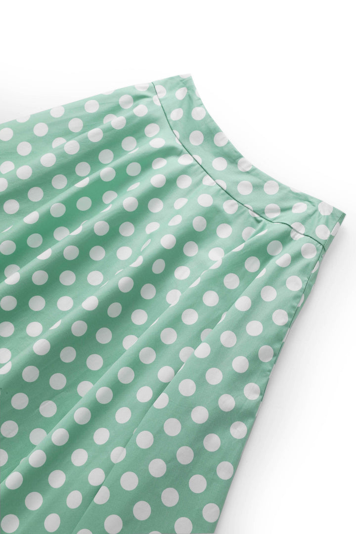 Close up view of Maisie Sage Green & White Polka Dot Skirt | Polka Dot Midi Skirt