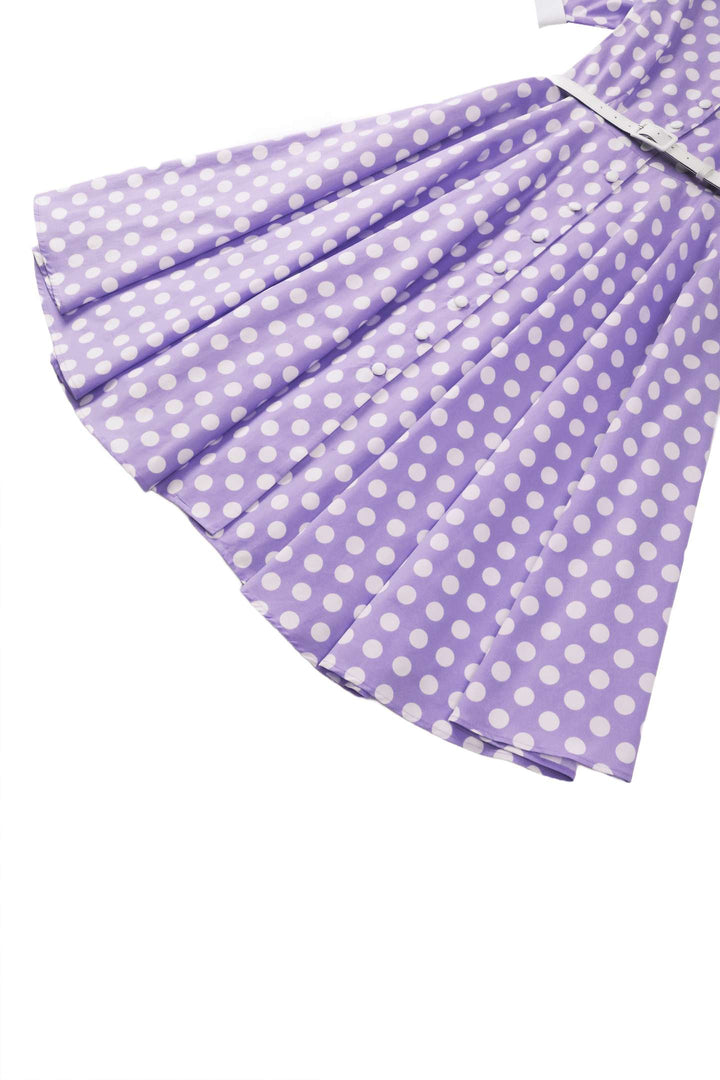 The close up view of Mollie Shirt Dress in Lilac Polka Dots