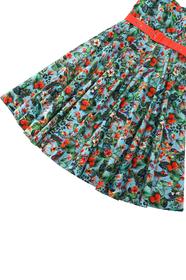 Close up view of the skirt of Daisy Tropical Parrot Halterneck Dress