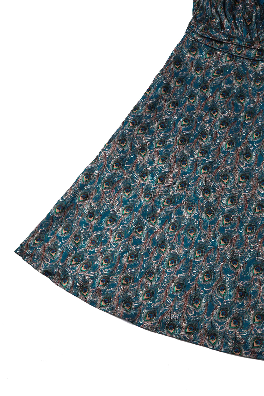 Close up view of the skirt of Donna Peacock Feather Tea Dress