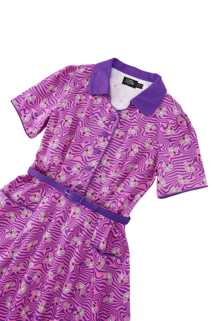 Close up view of the top Mabel Cheshire Cat Smiles on Hot Pink Dress | Vintage Shirt Dress