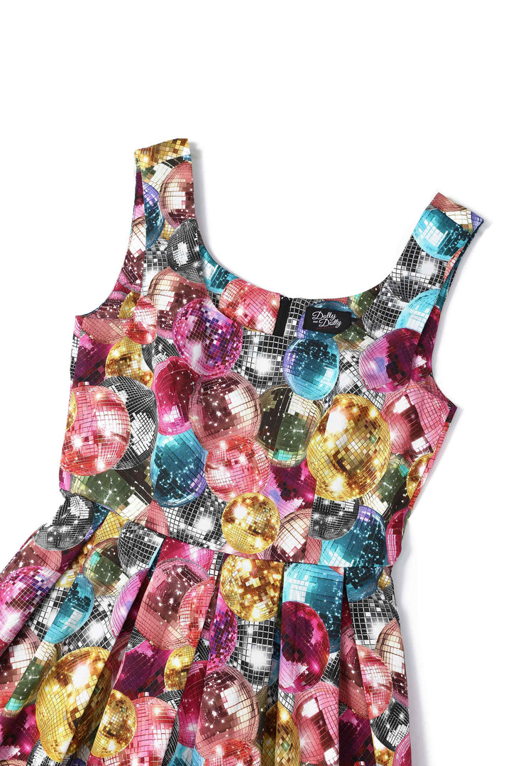 Close up view of the top of Amanda Disco Ball Flared Dress