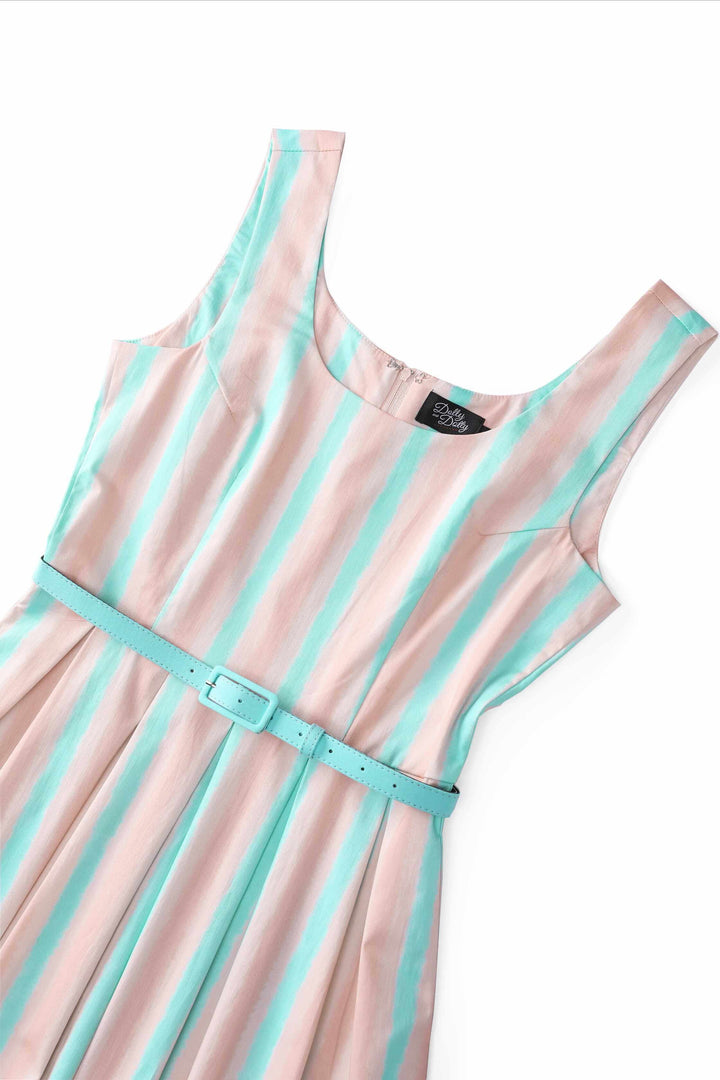 Close up view of Amanda Pastel Striped Flared Dress