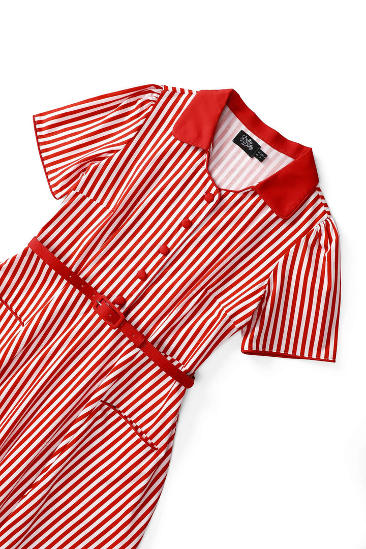 Close up view of the top of Mabel Red & Off-white Bengal Stripes Dress | Vintage Shirt Dress
