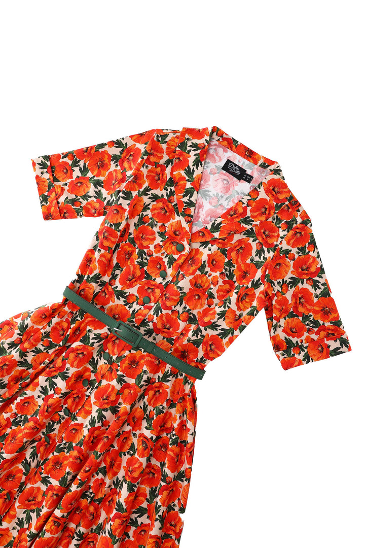 Close up view of the top of Mollie Shirt Dress in Orange Poppy Print