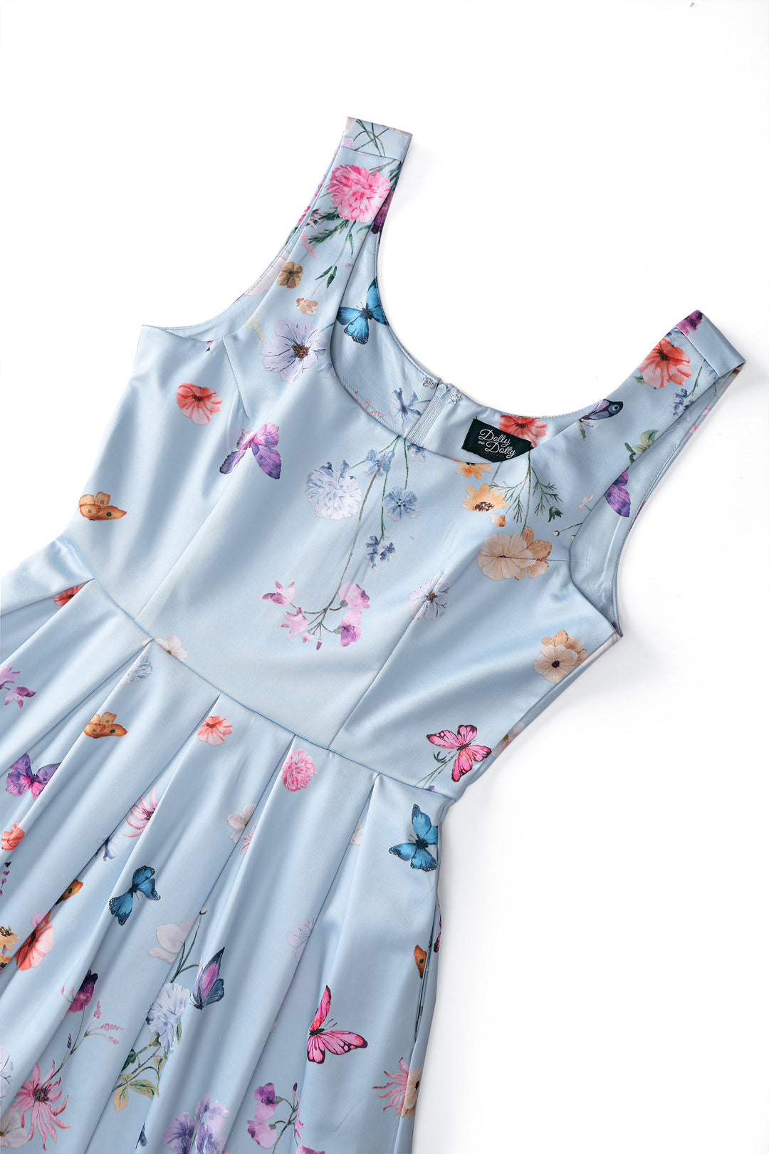Close up view the top of Amanda Swing Dress in Blue Butterfly Field Print