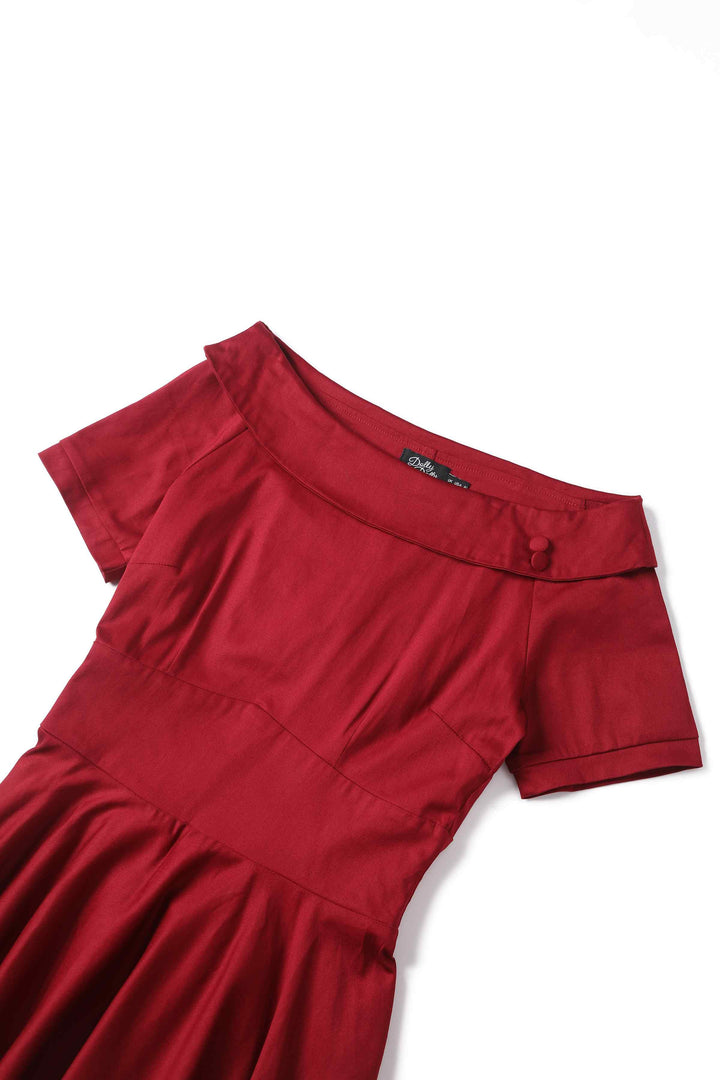 Close up view the top of Burgundy Off Shoulder Swing Dress | Rockabilly Style