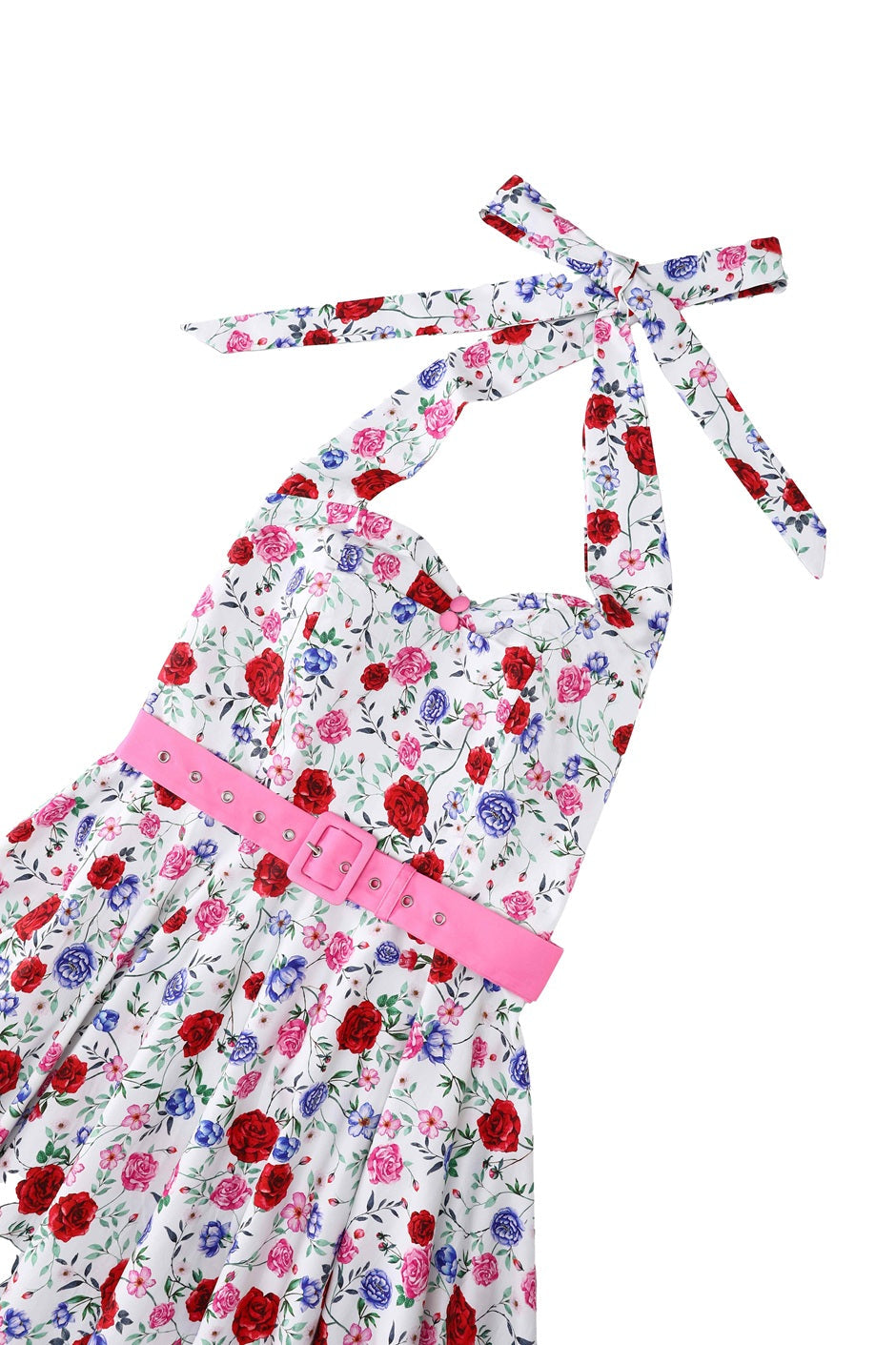 Close up view the top of Daisy Roses on White Dress | Vintage Floral Dress