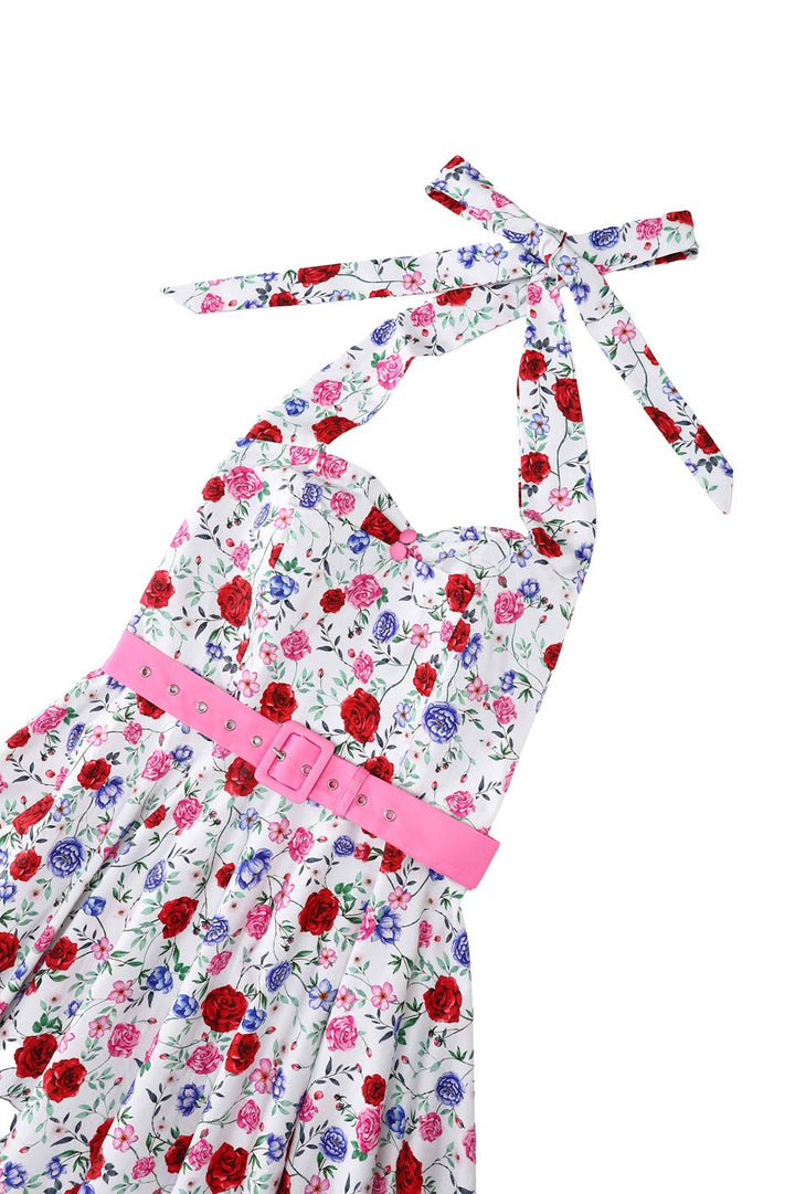 Close up view the top of Daisy Roses on White Dress | Vintage Floral Dress