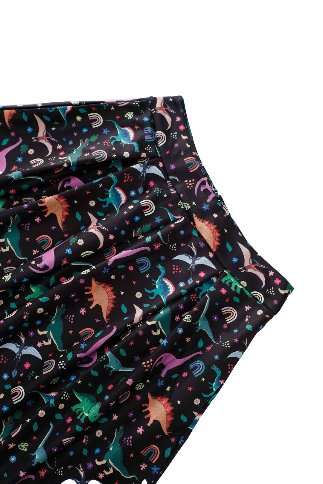 Close up view the waistband of Aisley Dinosaur Rainbow Skirt | Novelty Print Skirt