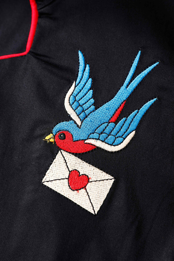 Embroidery detail of Mabel Retro Swallow Bird Embroidery Shirt Dress In Black
