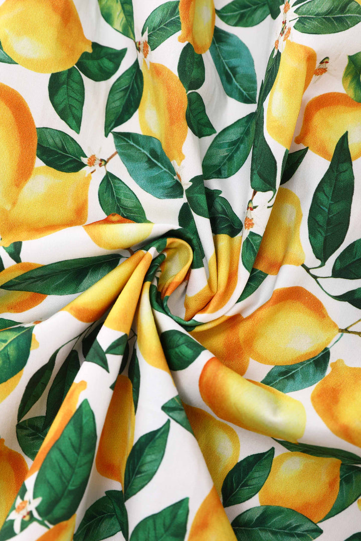 Fabric of Amanda Juicy Yellow Lemons on White Dress | 50s Style Dress