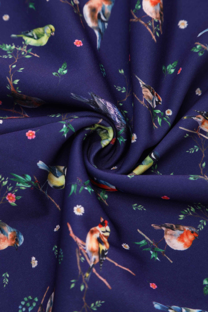 Fabric of Lily Bird Garden on Navy Blue Dress | Whimsical Vintage Dress
