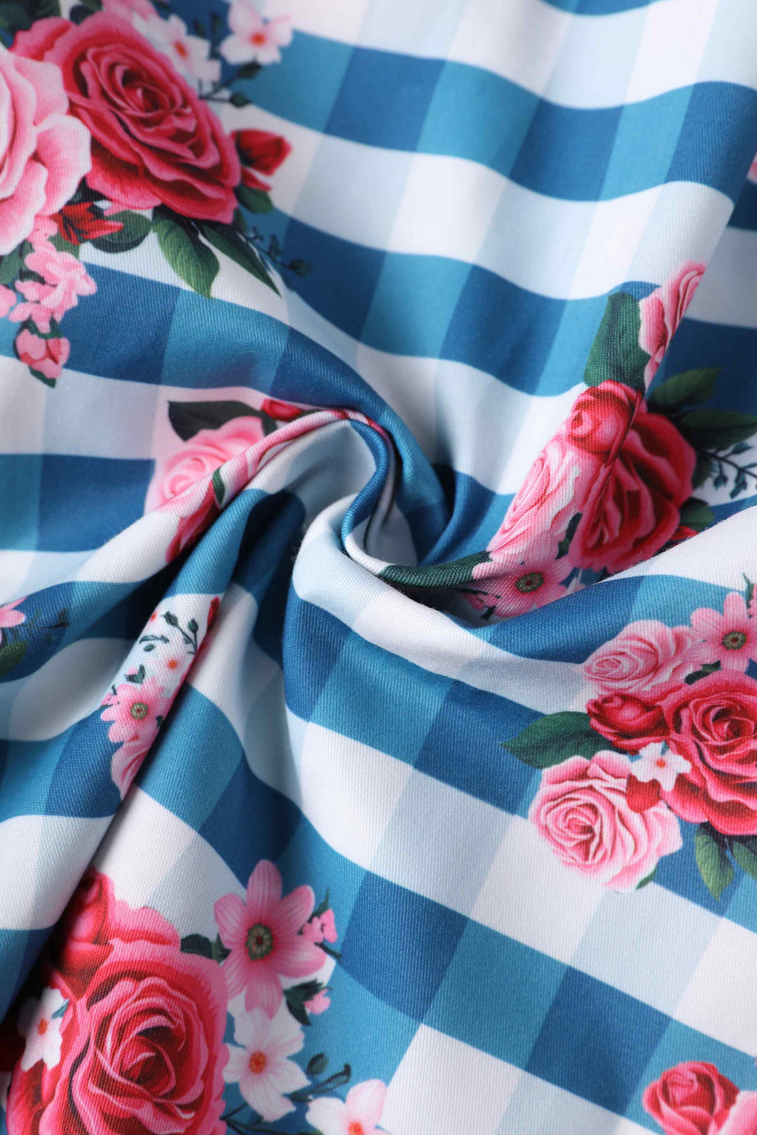 Fabric of Lily Floral Gingham Off Shoulder Dress In Blue