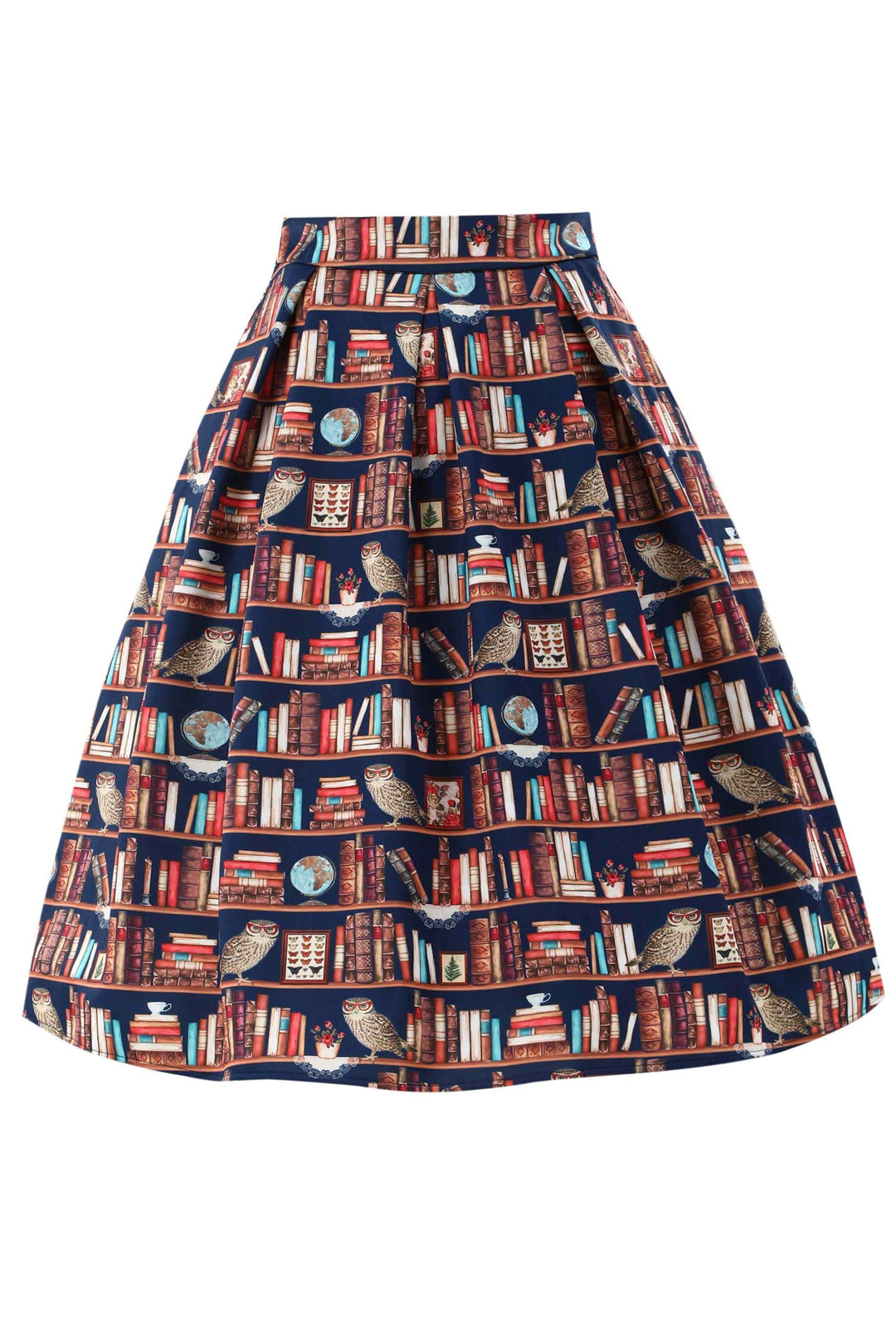 Front angle of Aisley Owls & Library Books Skirt | Quirky Teacher Skirt