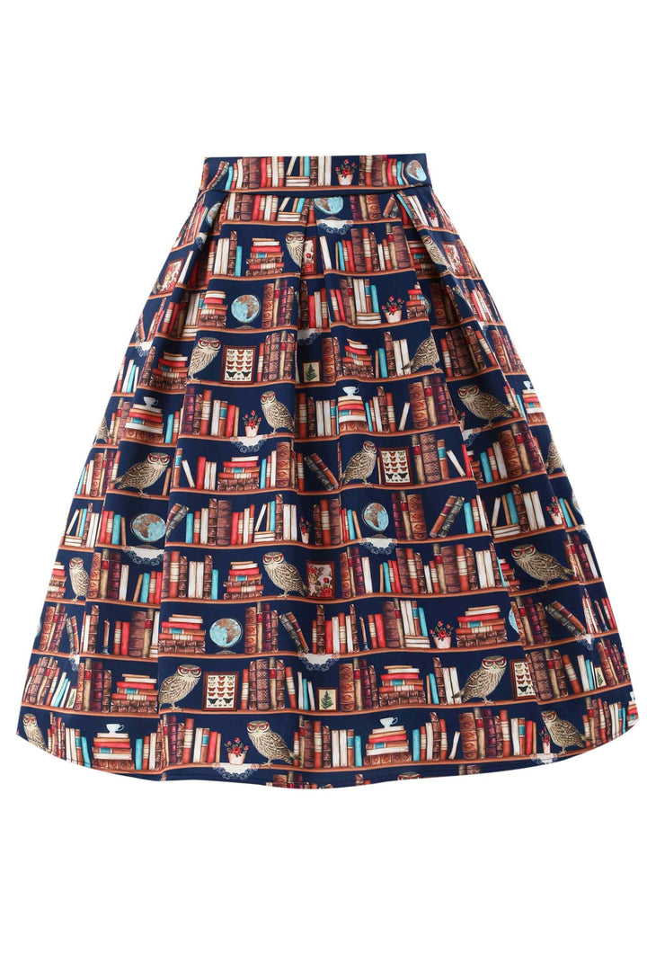 Front angle of Aisley Owls & Library Books Skirt | Quirky Teacher Skirt