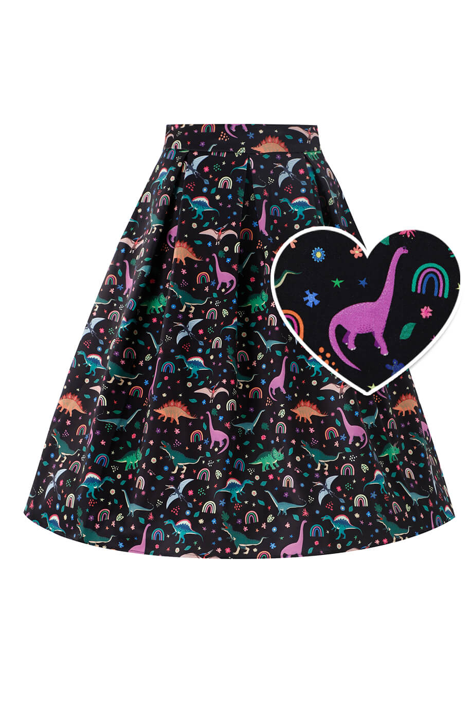 Front view of Aisley Dinosaur Rainbow Skirt | Novelty Print Skirt