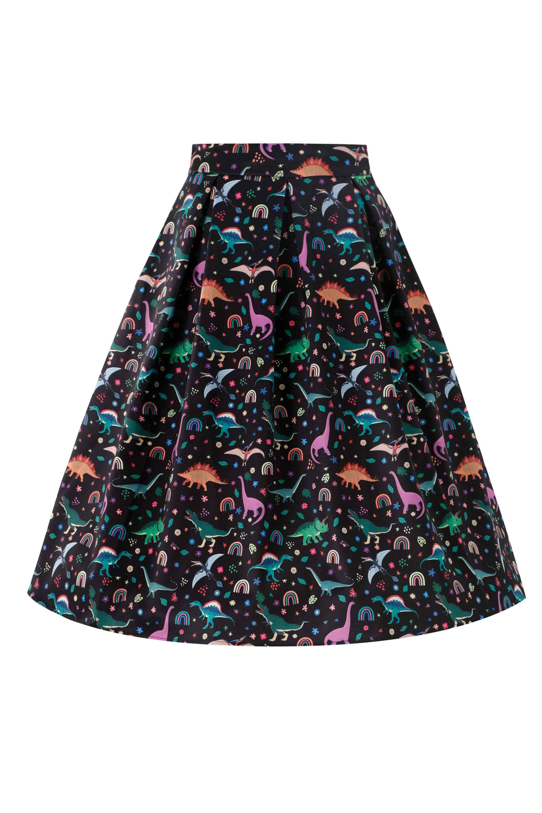 Front view of Aisley Dinosaur Rainbow Skirt | Novelty Print Skirt