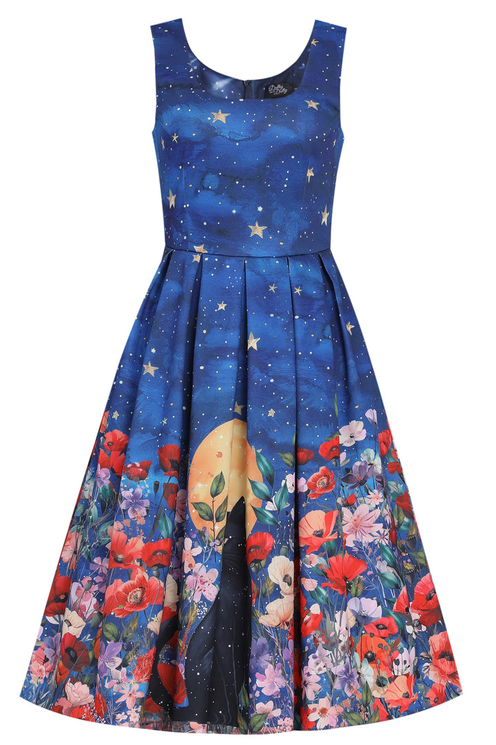 Front view of Amanda Black Cat Midnight Garden Box Pleated Dress