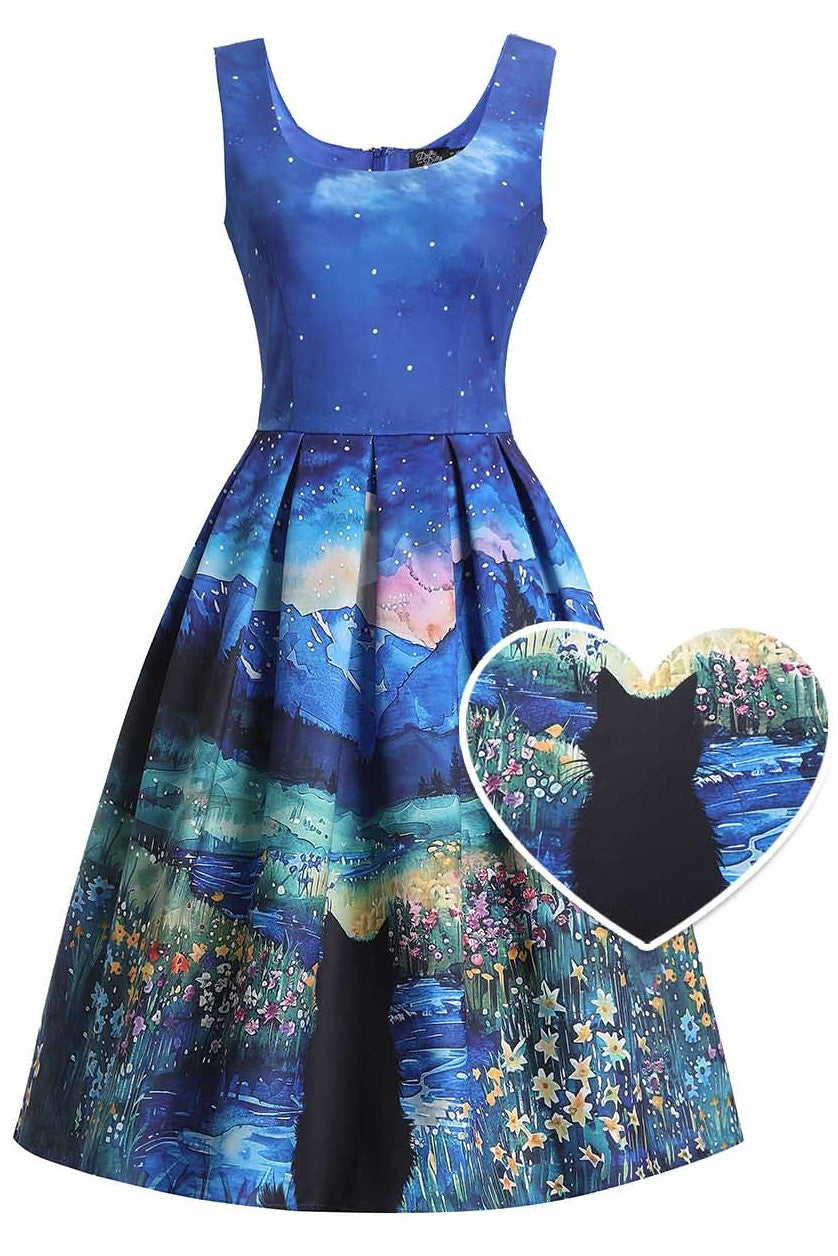 Front view of Amanda Black Cat on A Starry Night Dress | 50s Style Dress