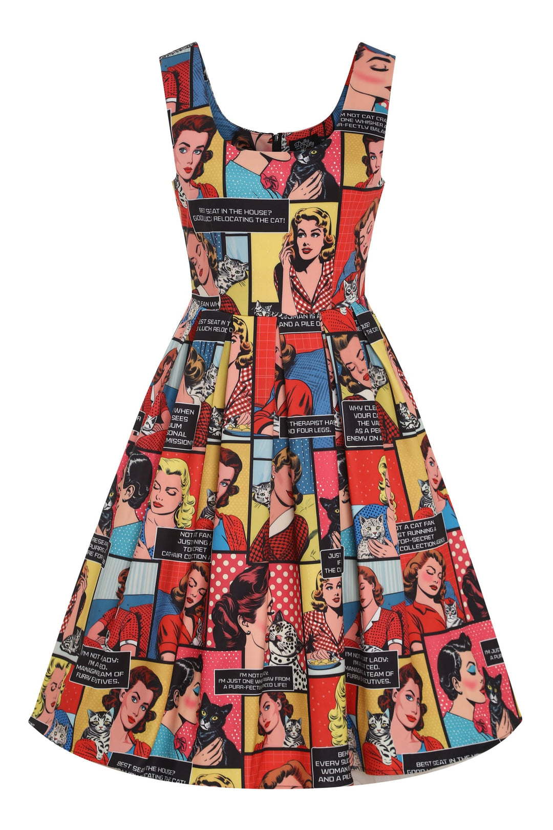Front view of Amanda Cat Lovers in Comic Books Dress | Novelty Print Dress
