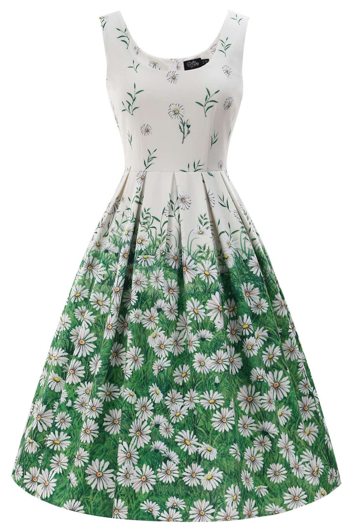 Front view of Amanda Daisies in White Dress | 50s Style Dress