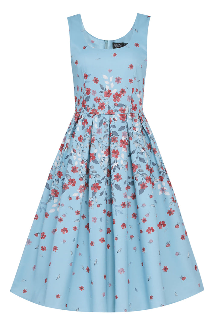 Front view of Amanda Falling Flowers on Light Blue Dress | Vintage Floral Dress