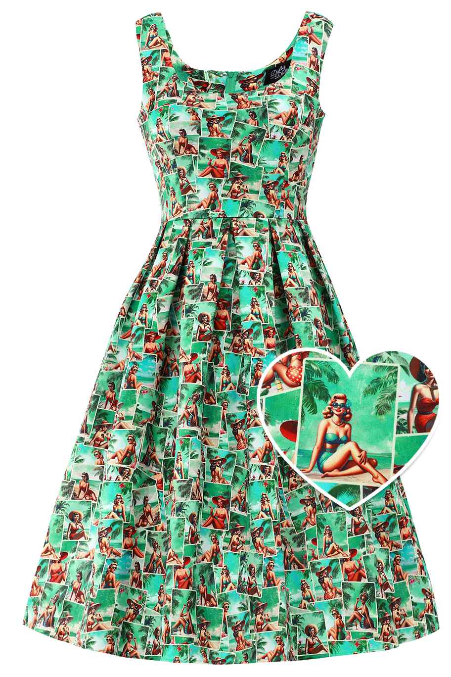 Front view of Amanda Pin-Up Postcard Dress | Novelty Print Dress