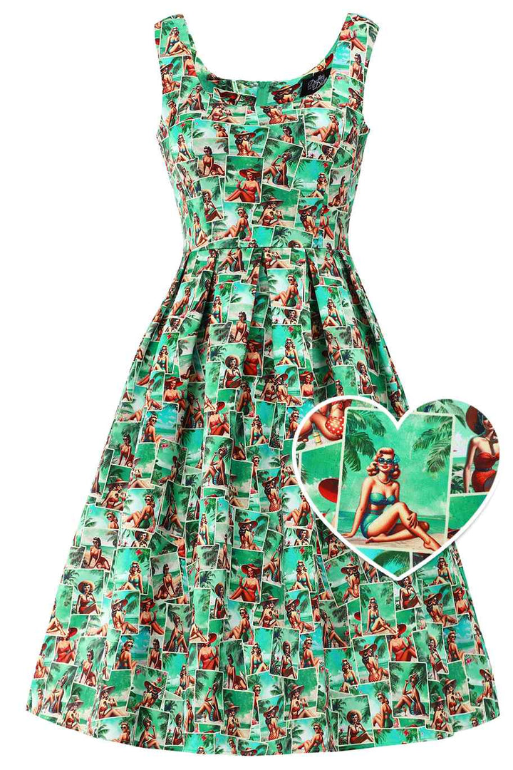 Front view of Amanda Pin-Up Postcard Dress | Novelty Print Dress