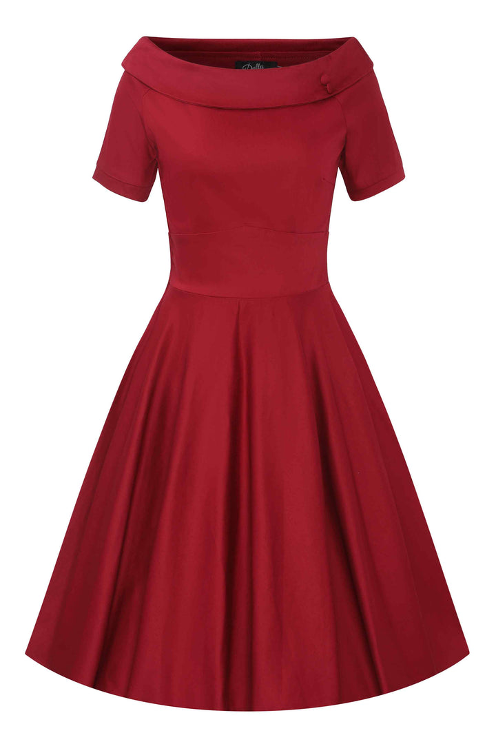 Front view of Burgundy Off Shoulder Swing Dress | Rockabilly Style