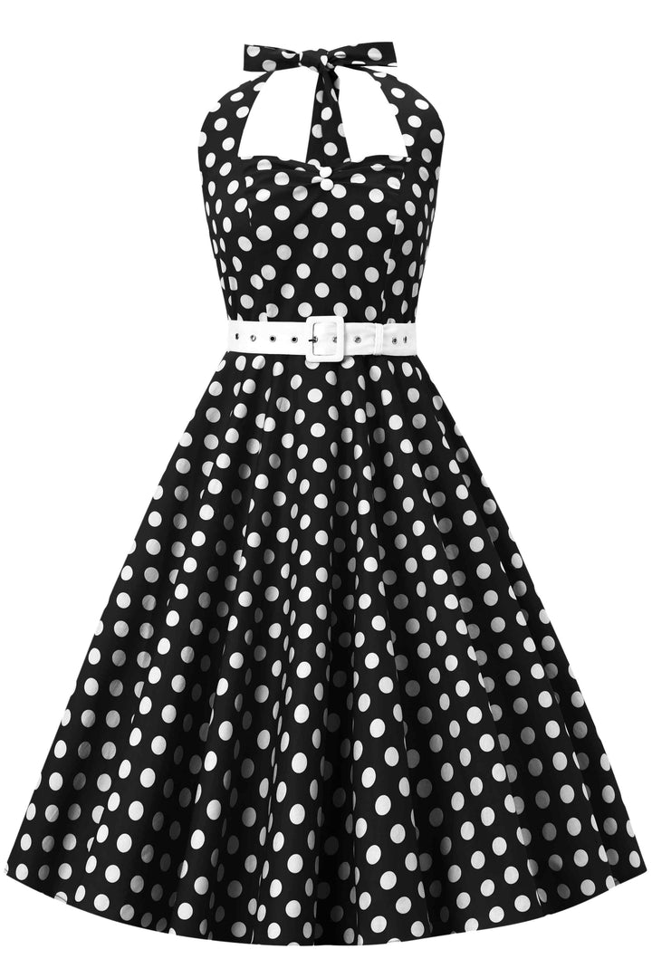 Front view of Daisy Black & White Polka Dot Dress