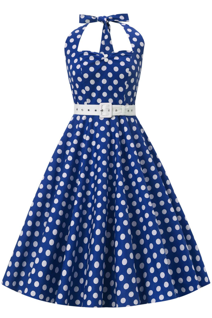 Front view of Daisy Dark Blue & White Polka Dot Dress | 50s Style Dress